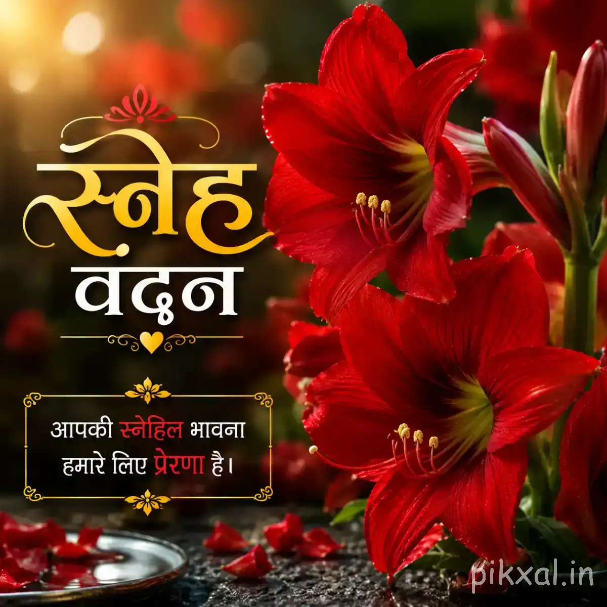 Several red flowers with elongated petals and green foliage against a dark blurred background with a Hindi morning message