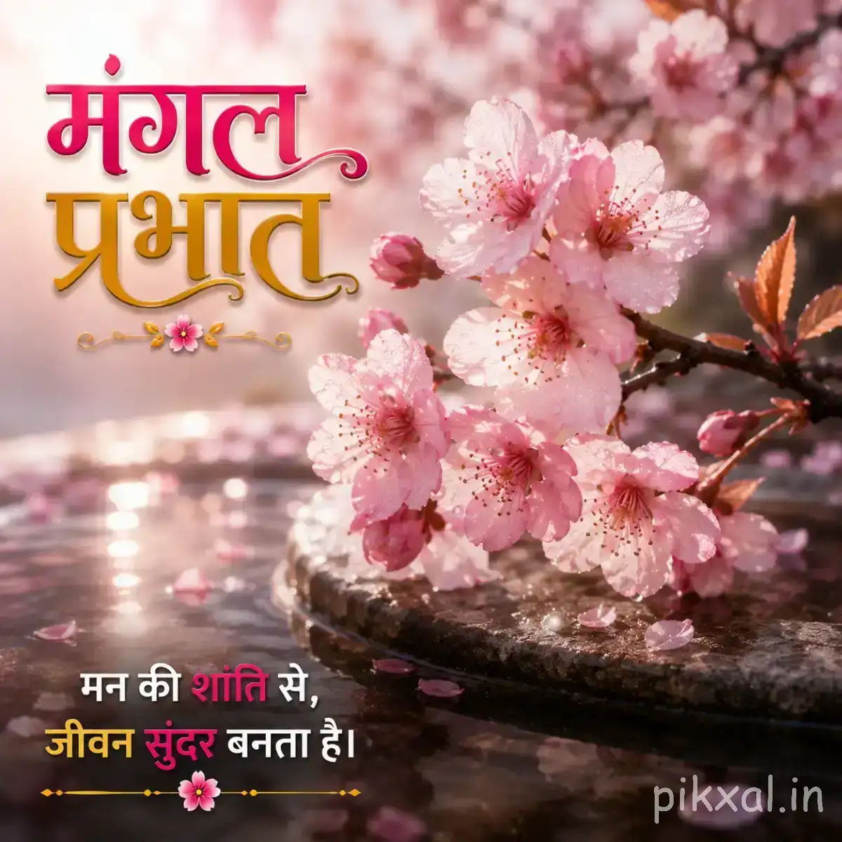 Pale pink blossoms on a flowering branch beside water with a Hindi morning wish