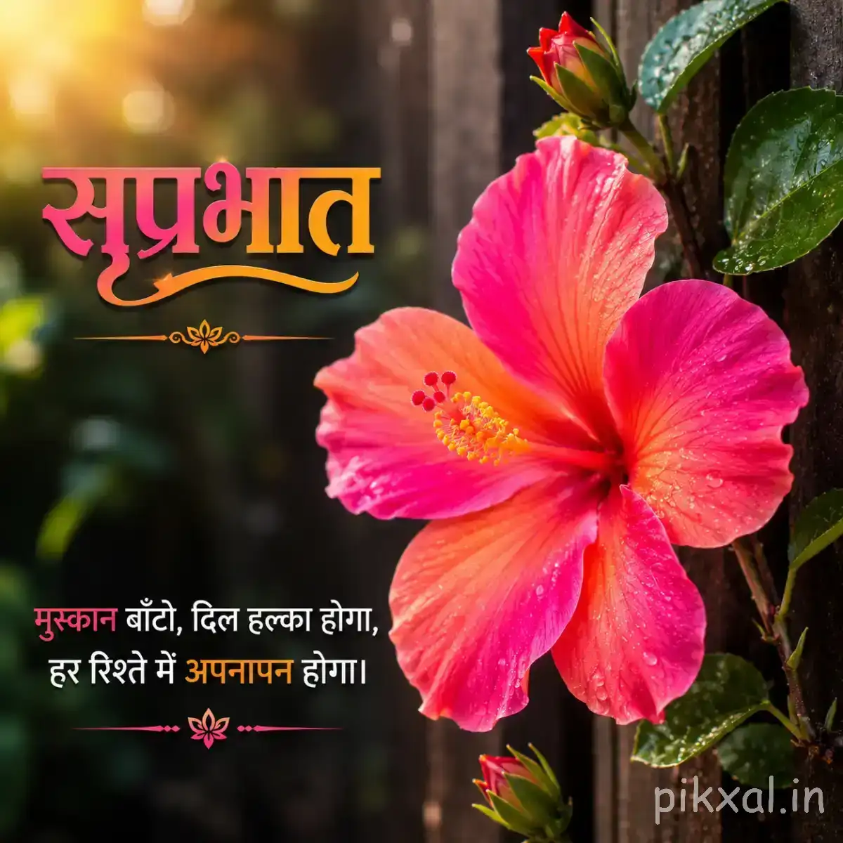 Large pink flower with layered petals and a warm orange center surrounded by green foliage