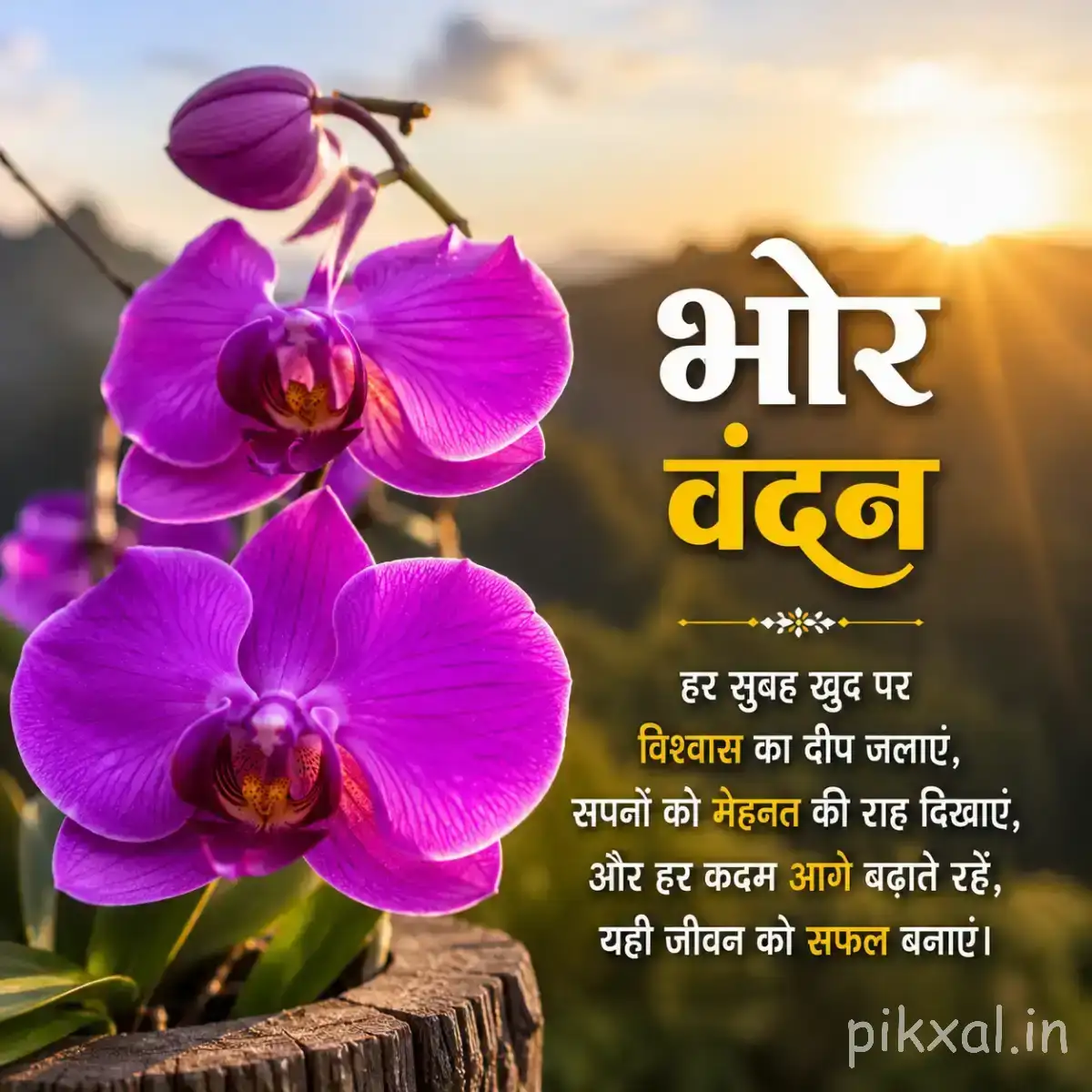 Purple flowers with rounded petals growing together on slender stems against a warm sunrise background with a Hindi morning wish