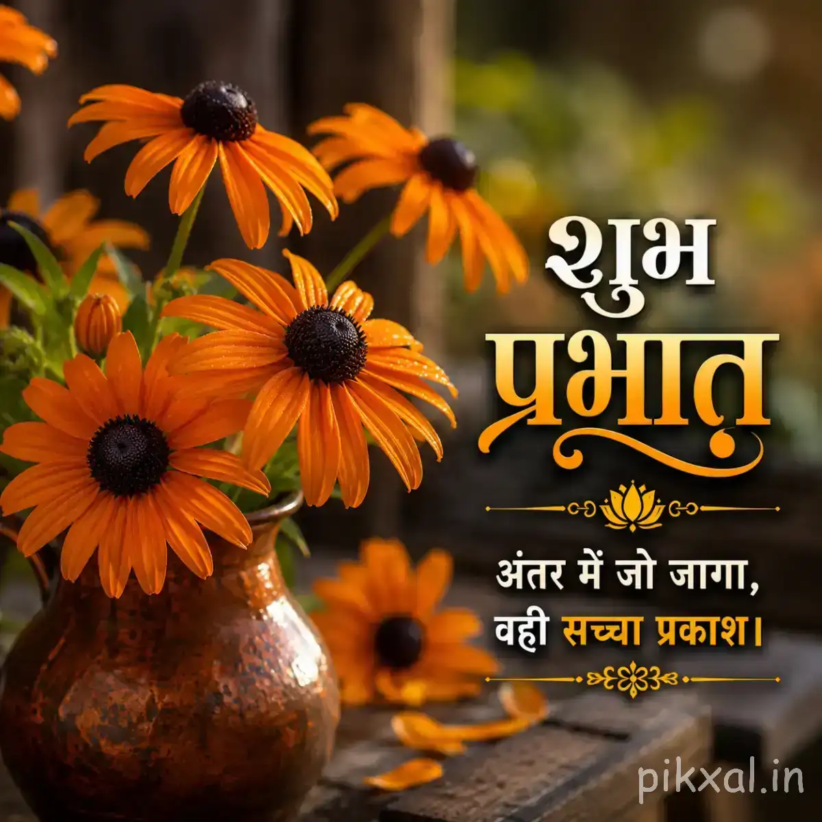 Several orange flowers with dark centers arranged in a brown vase against a softly blurred background