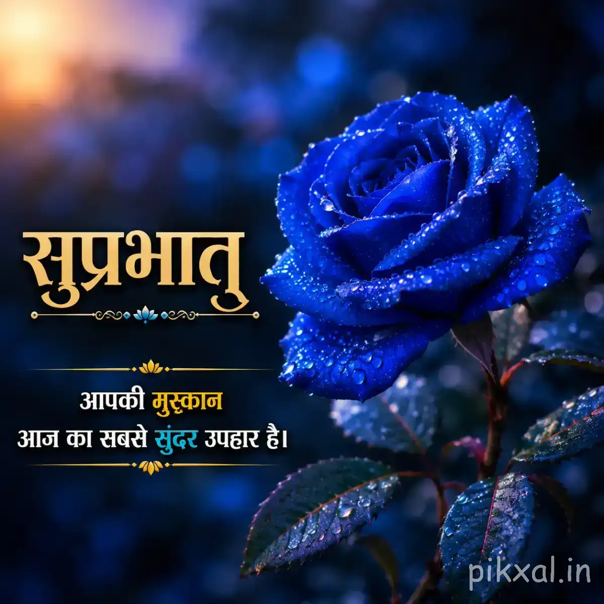 Blue layered flower with water droplets and green leaves against a softly blurred dark background with a Hindi Good Morning wish