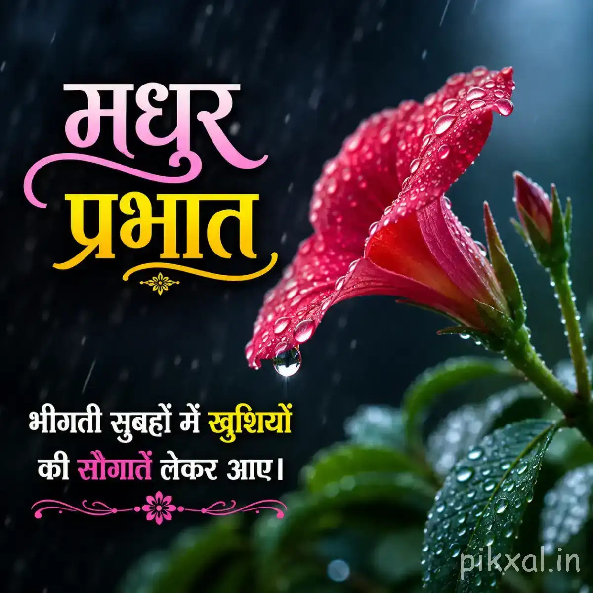 Red trumpet-shaped flower with water droplets and elongated green leaves beside a Hindi morning message
