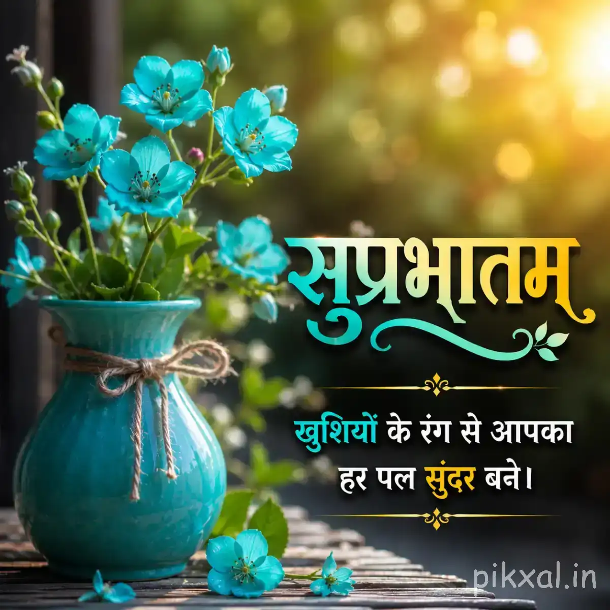 Several small blue flowers in a teal vase with green foliage and a Hindi Good Morning wish