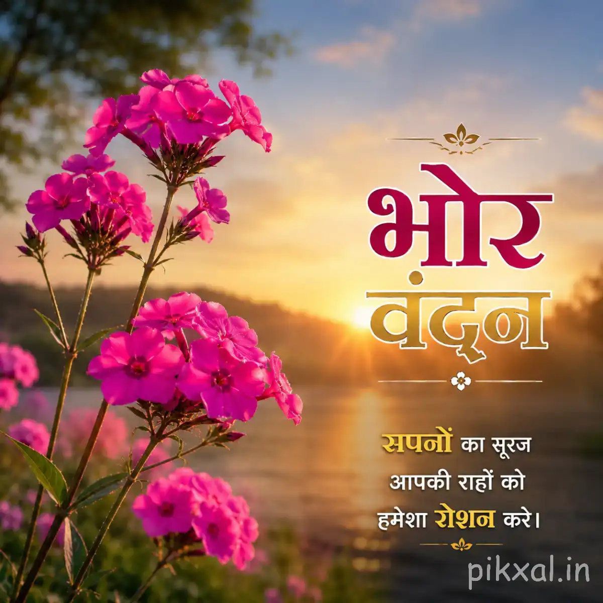Pink flowers blooming on slender stems against a bright sky with a Hindi morning wish