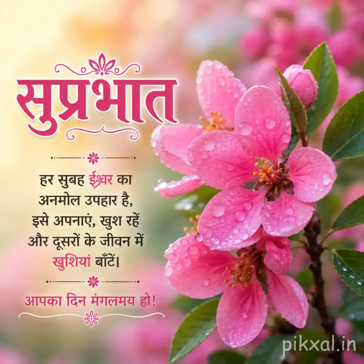 Several pink flowers with rounded petals and green leaves against a softly blurred background with a Hindi Good Morning wish