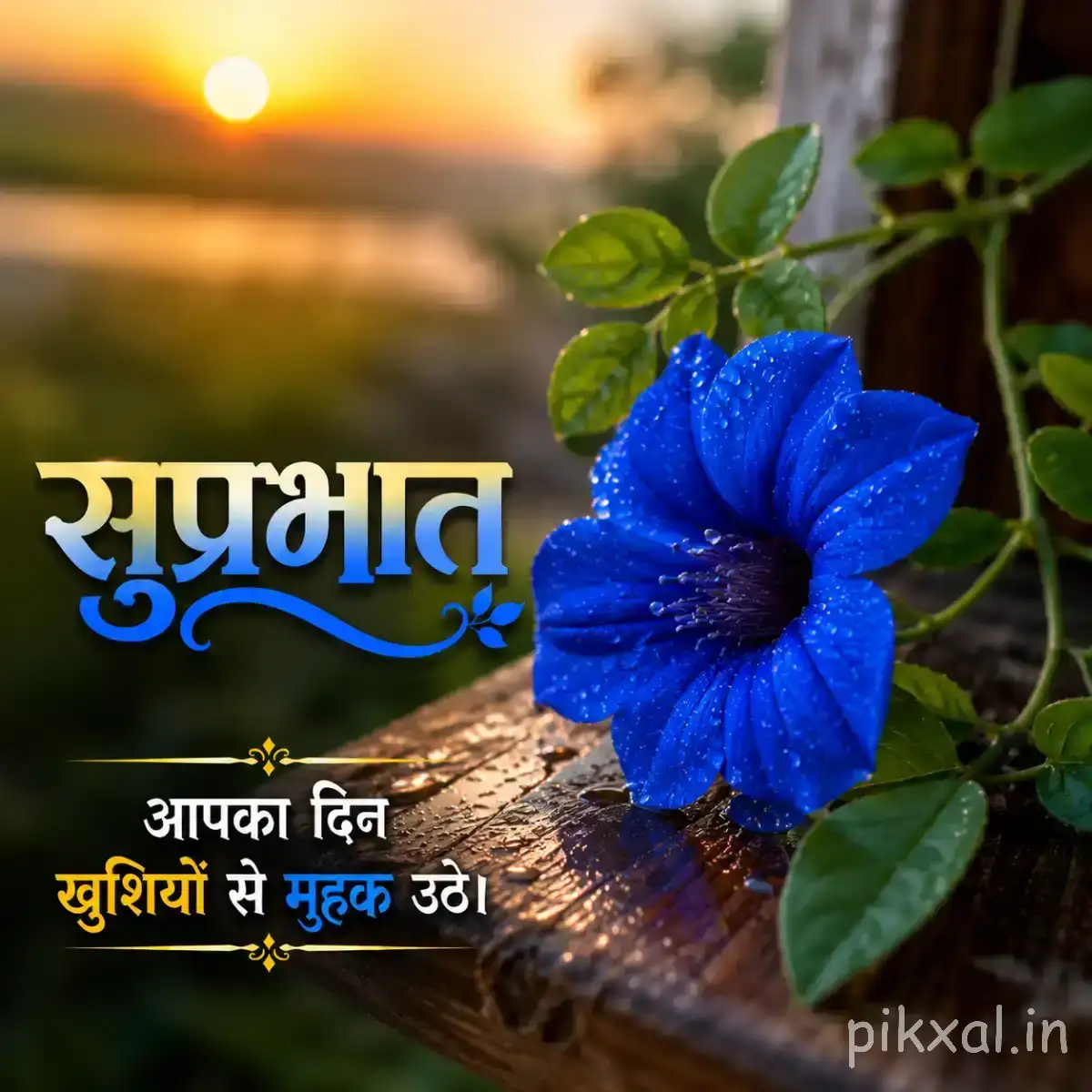 Single blue flower with layered petals and green leaves beside a wooden surface with a Hindi Good Morning message
