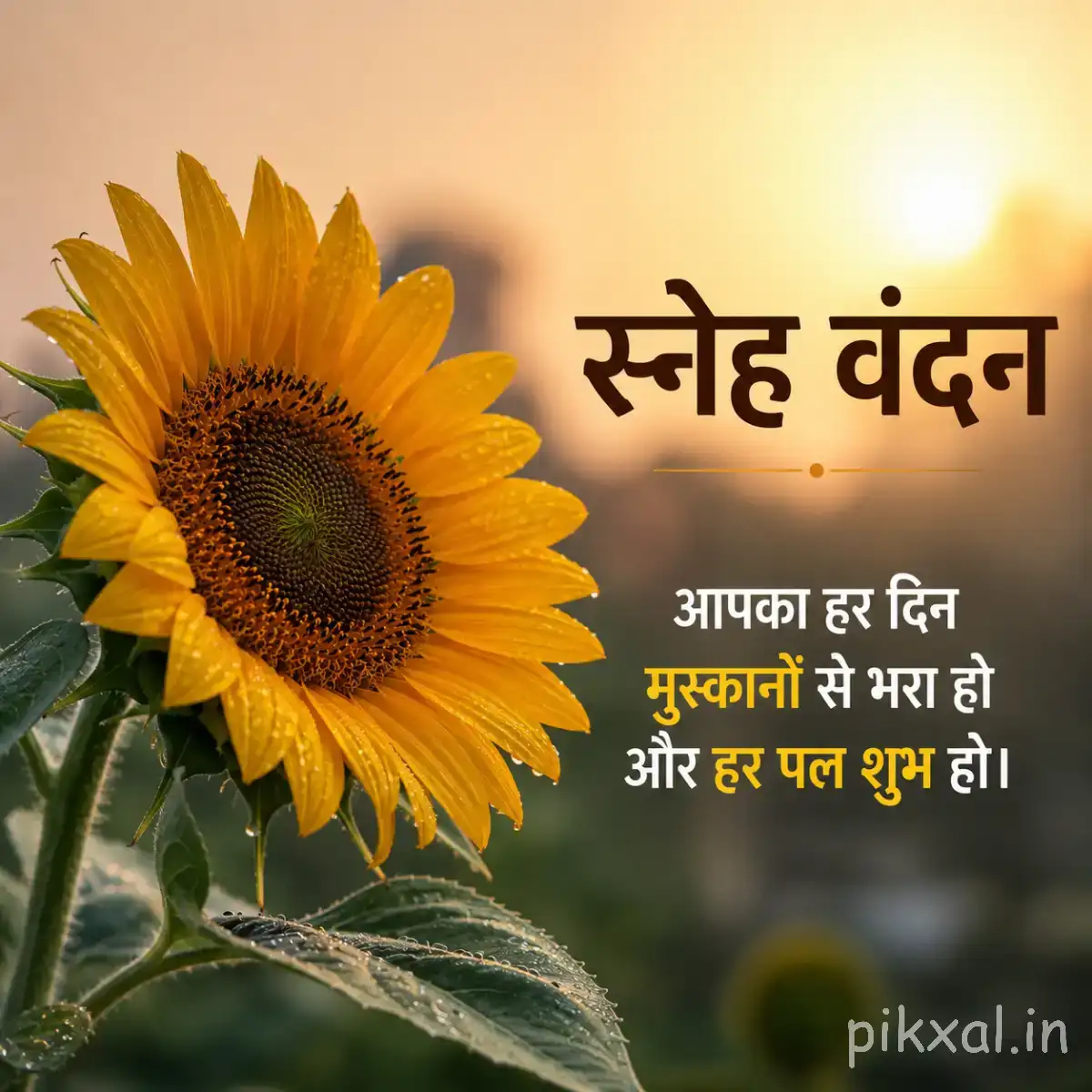 Large yellow flower with a dark center and green leaves beside a Hindi morning wish