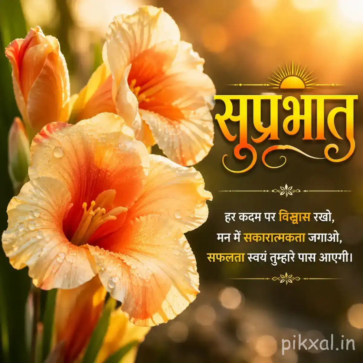 Peach and cream flowers with orange centers arranged among green leaves with a Hindi Good Morning wish