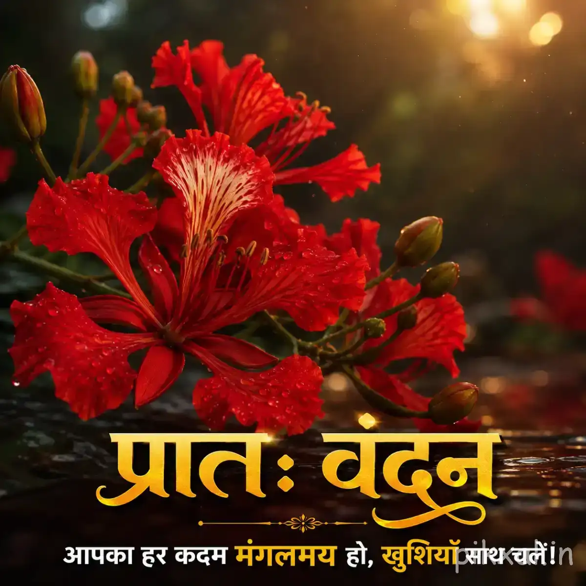 Cluster of red flowers with narrow layered petals and unopened buds against warm blurred foliage with a Hindi morning wish