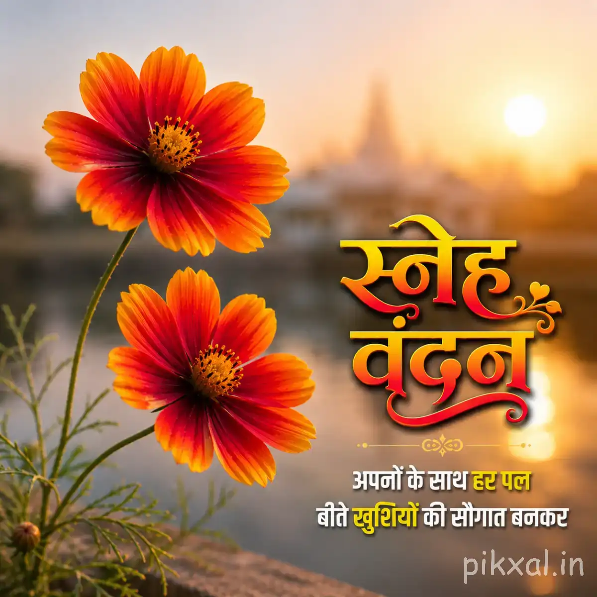 Two orange flowers with dark centers on slender stems against a softly blurred sunset background with a Hindi morning wish