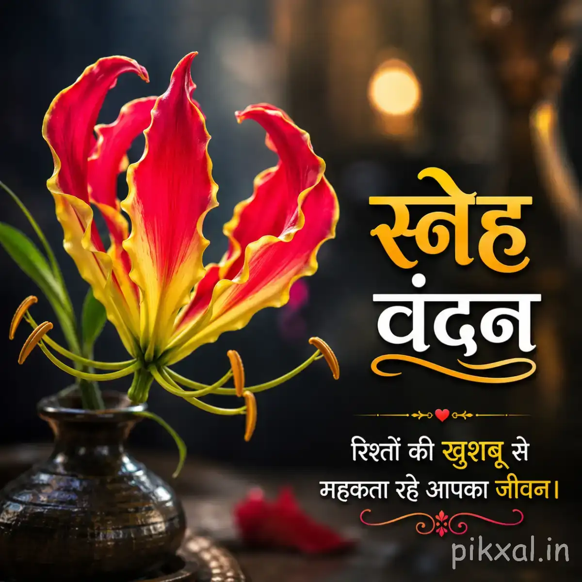 Red and yellow striped flower with elongated curled petals beside a brown vase and a Hindi morning wish