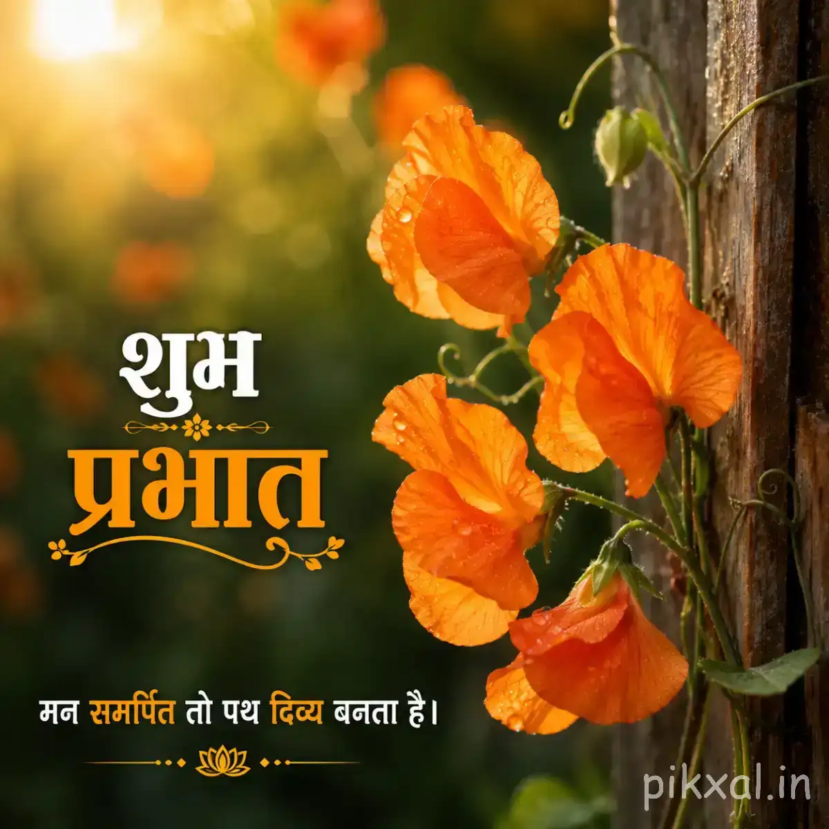Several orange flowers with rounded petals growing beside a tree trunk and green foliage with a Hindi morning wish