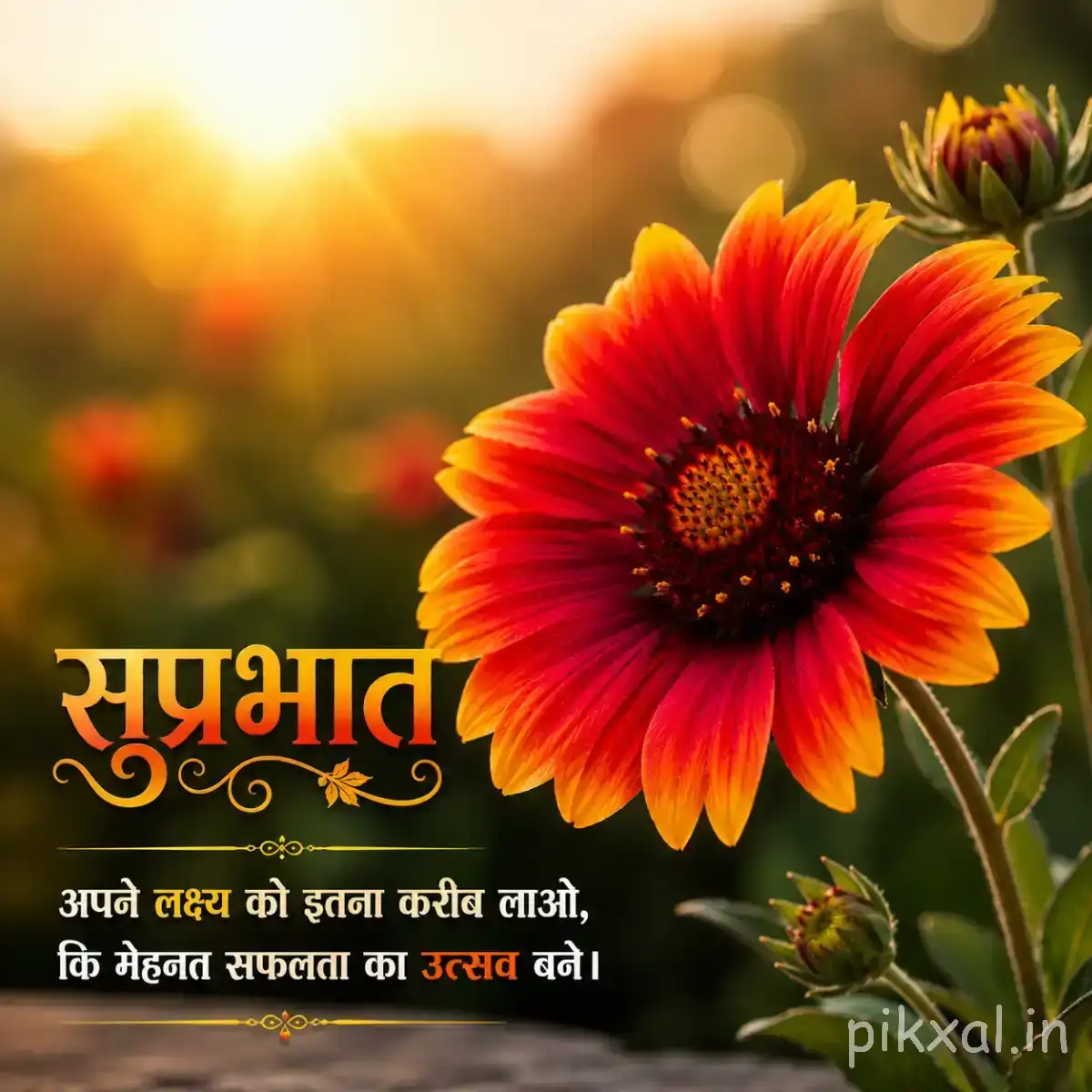 Large orange-red flower with layered petals and a dark center among green leaves with a Hindi Good Morning wish