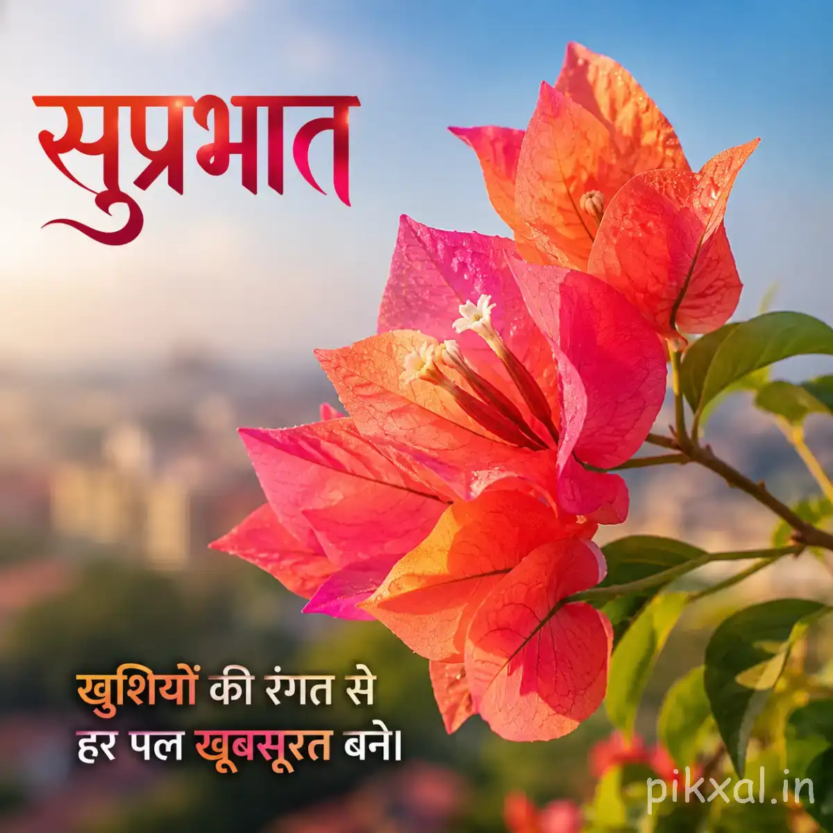 Pink and orange flowers with pointed petals blooming along a leafy branch against a blurred landscape