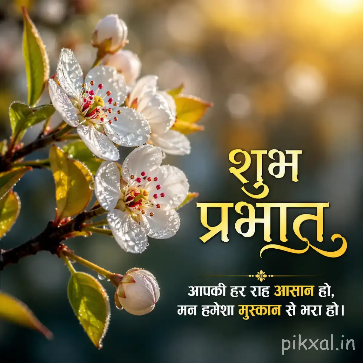 White flowers with small pink centers blooming on a woody branch with green leaves and a Hindi morning wish