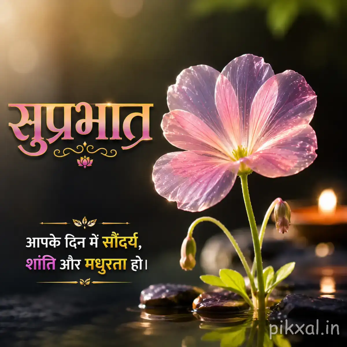 Single pale pink flower with five rounded petals beside water and a Hindi morning wish