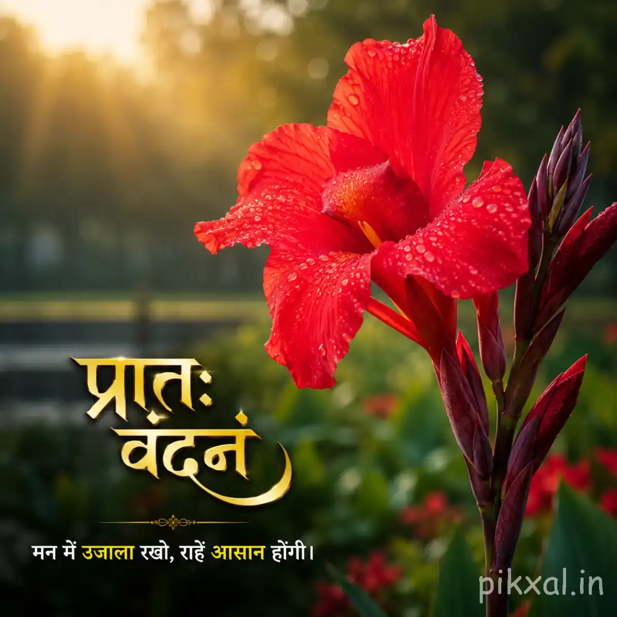 Large red flower with ruffled petals and unopened buds against a warm blurred garden background with a Hindi morning wish