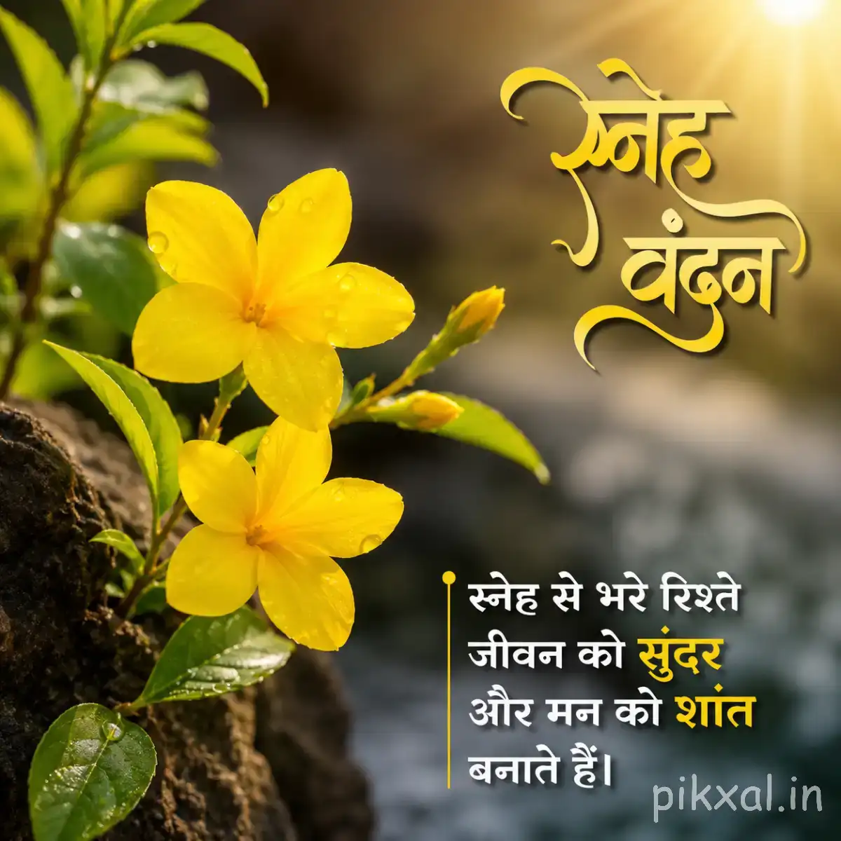 Several yellow flowers with rounded petals growing among green leaves with a Hindi morning wish