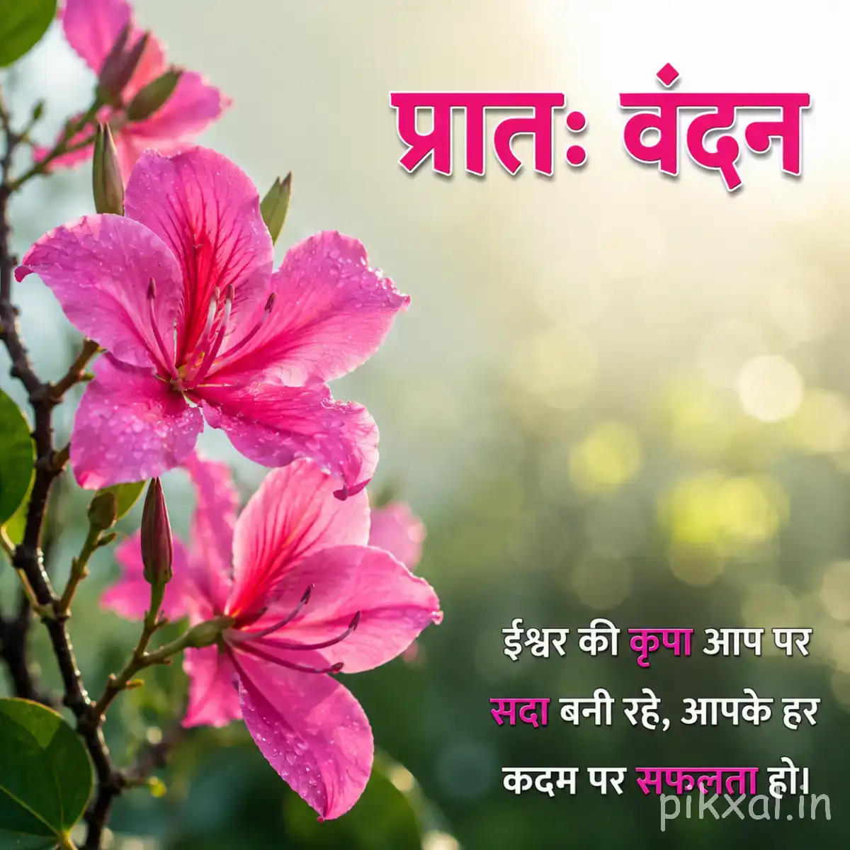 Pink flowers blooming along a leafy branch against a softly blurred background with a Hindi morning wish