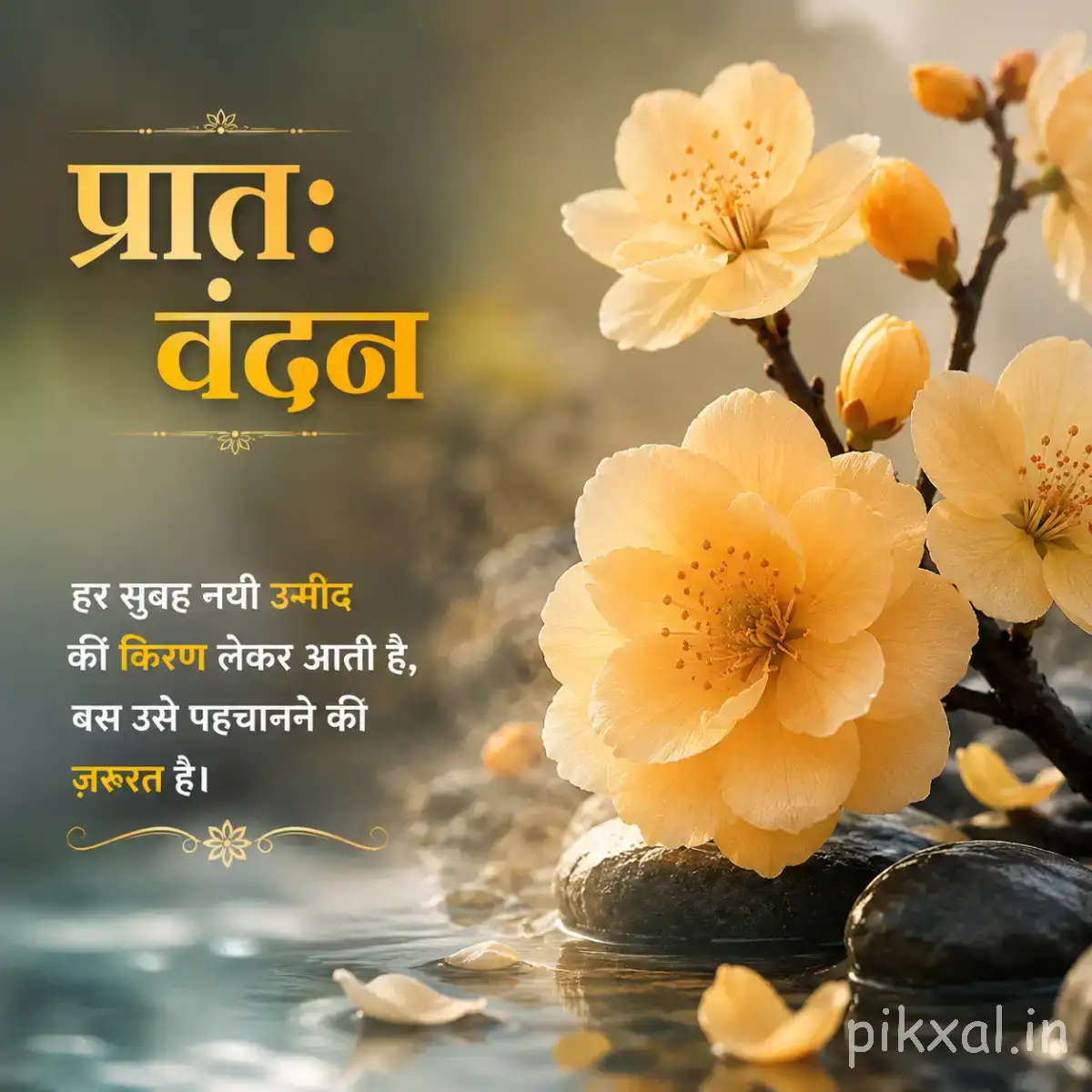 Several cream-colored flowers on a leafy branch beside water and stones with a Hindi morning wish