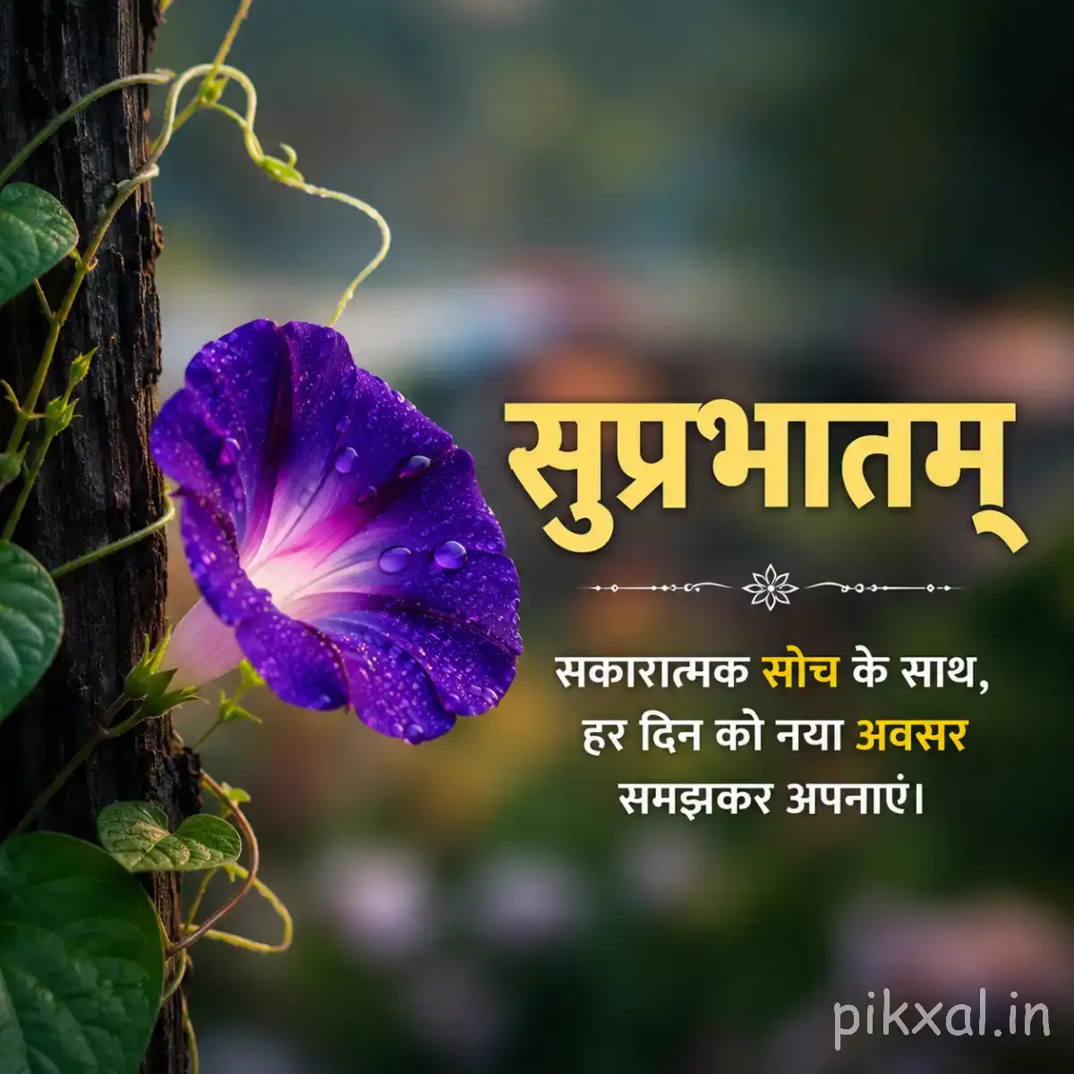 Purple flowers with broad petals growing along a curling vine against green foliage with a Hindi Good Morning wish
