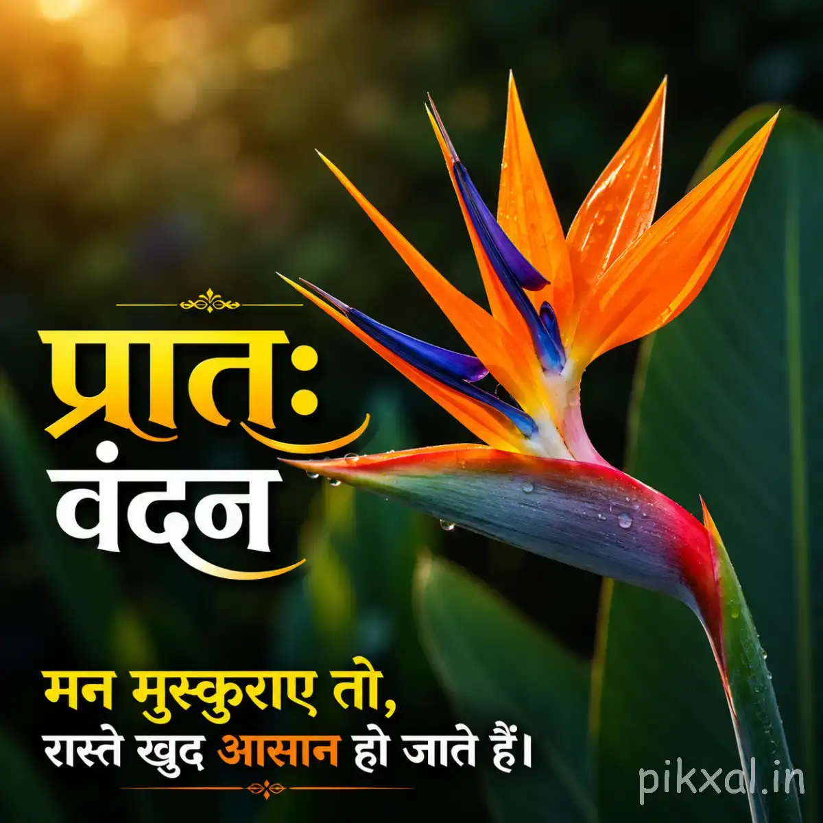 Orange and blue-green flower with long pointed petals against a softly blurred background with a Hindi morning wish