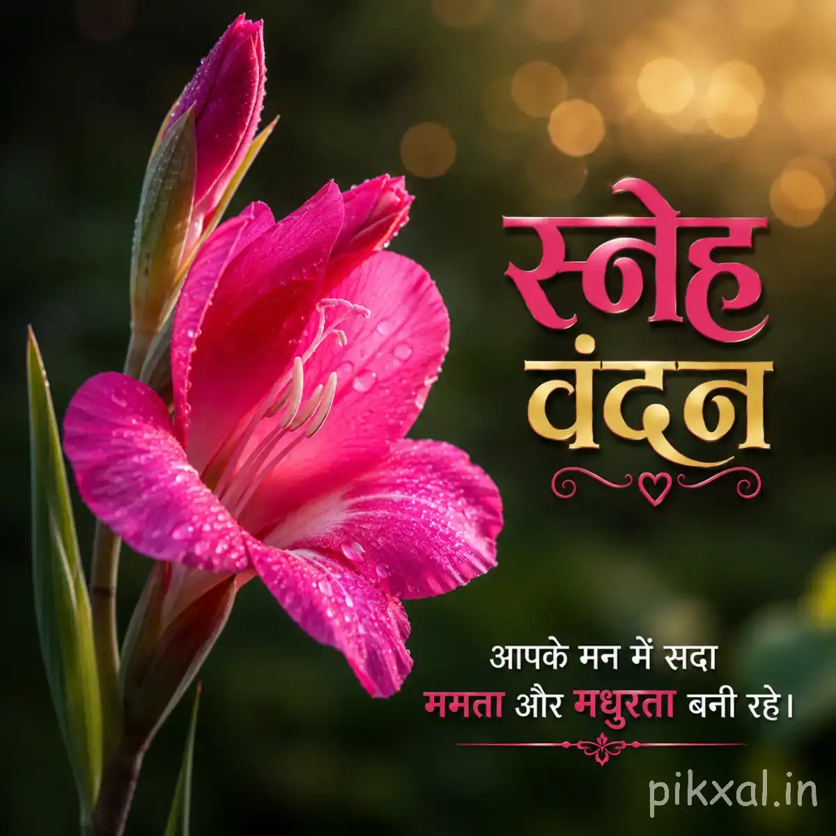 Pink flower with elongated ruffled petals and green leaves against a warm blurred background with a Hindi morning wish