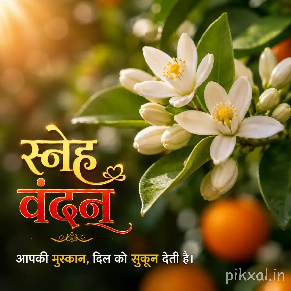 Small white flowers with yellow centers among glossy green leaves against a softly blurred background with a Hindi morning wish