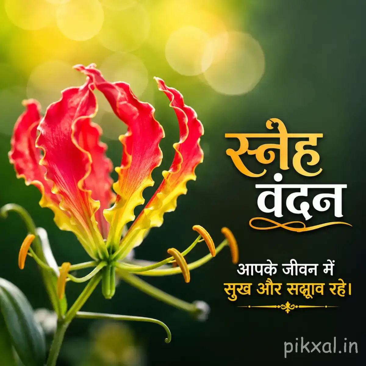 Red and yellow striped flower with curled narrow petals against green foliage with a Hindi morning wish