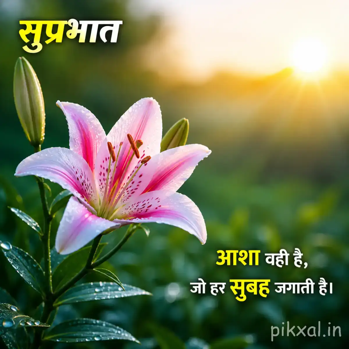Pink flower with broad pointed petals and prominent stamens among green leaves against warm sunlight with a Hindi morning wish
