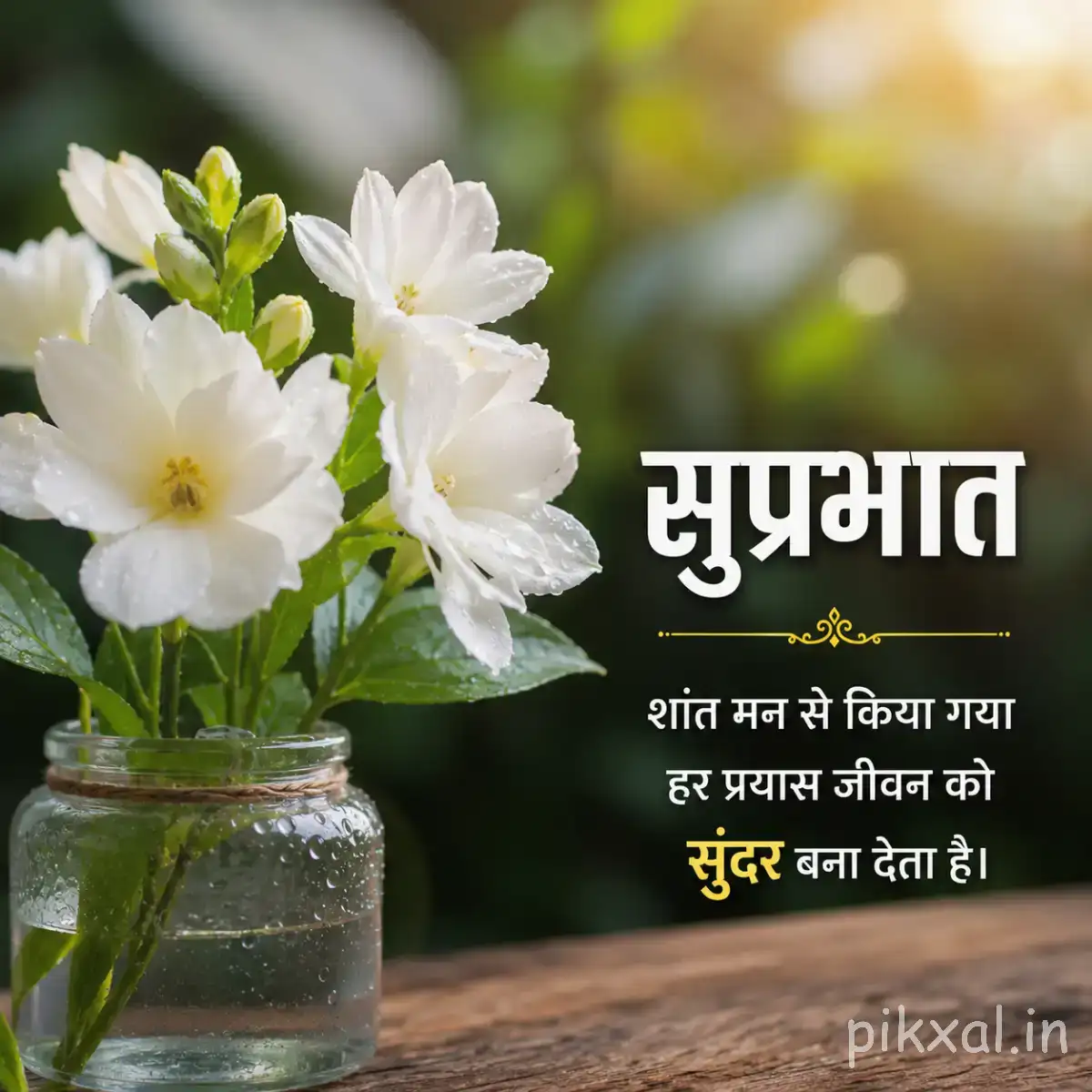 Several small white flowers with yellow centers arranged in a glass vase with green leaves and a Hindi Good Morning wish