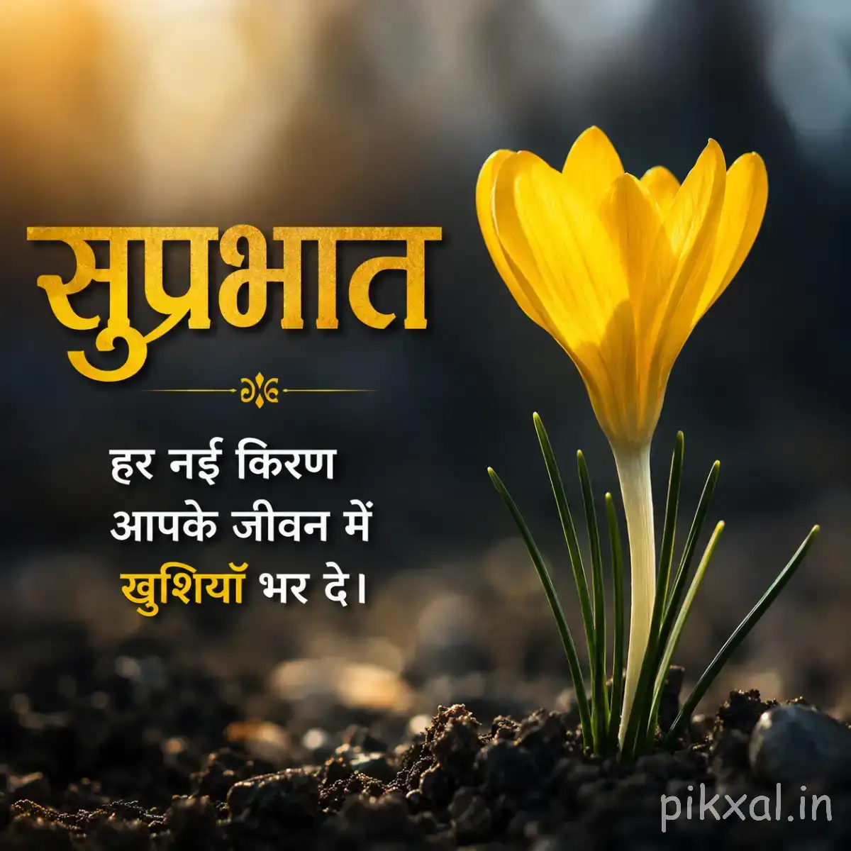 Yellow upright flower growing from dark soil with slender green leaves and a Hindi Good Morning wish