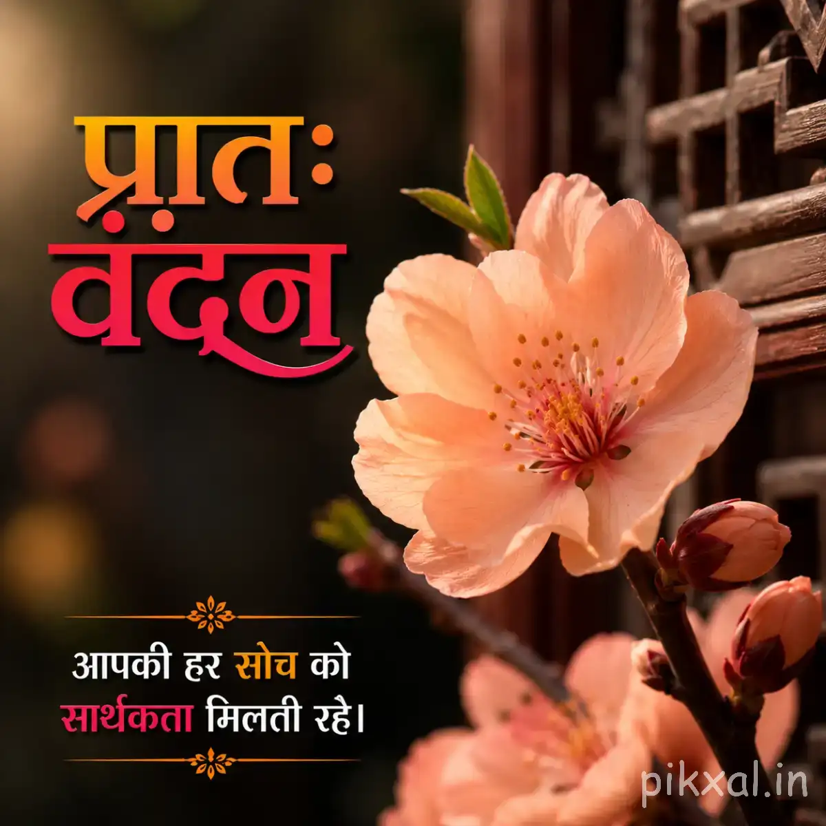 Peach-colored flower with layered petals on a leafy branch beside a Hindi morning wish
