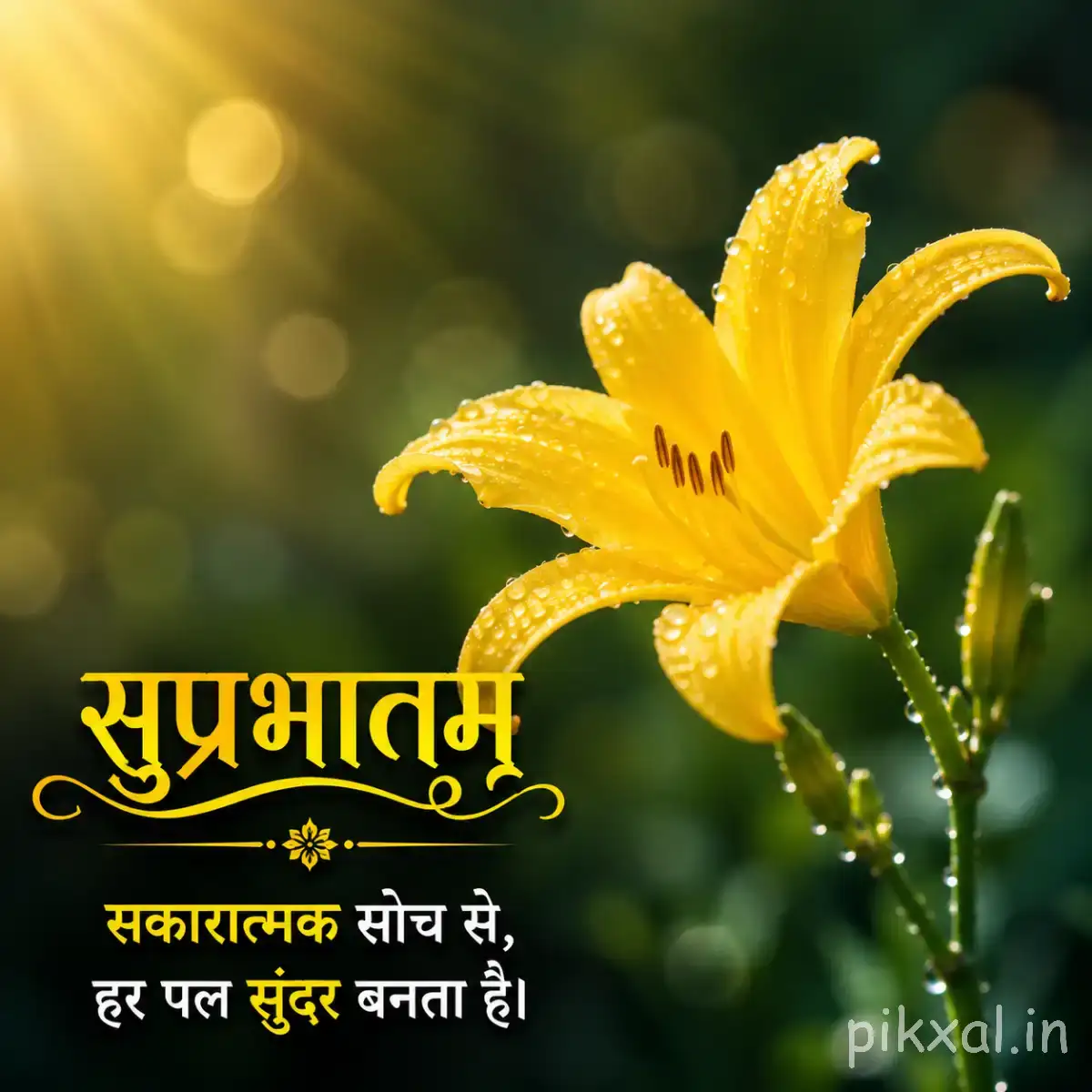 Yellow flower with long curved petals and green leaves against warm blurred foliage with a Hindi morning wish