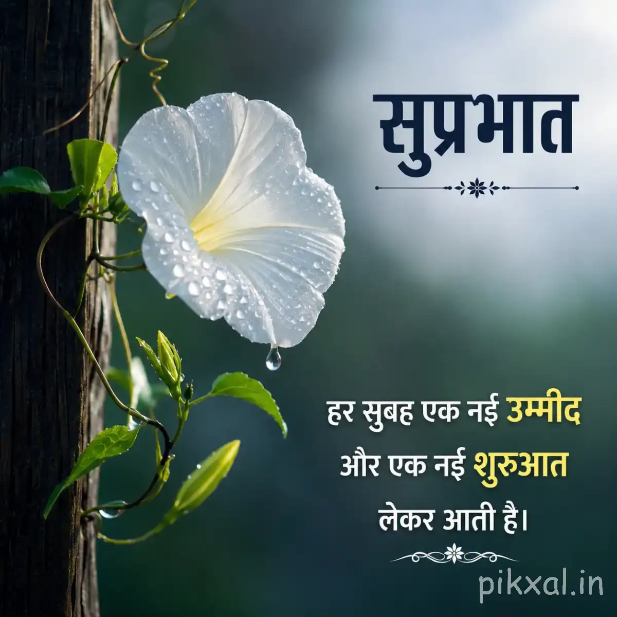 White flower with broad petals and water droplets on a leafy vine with a Hindi Good Morning wish