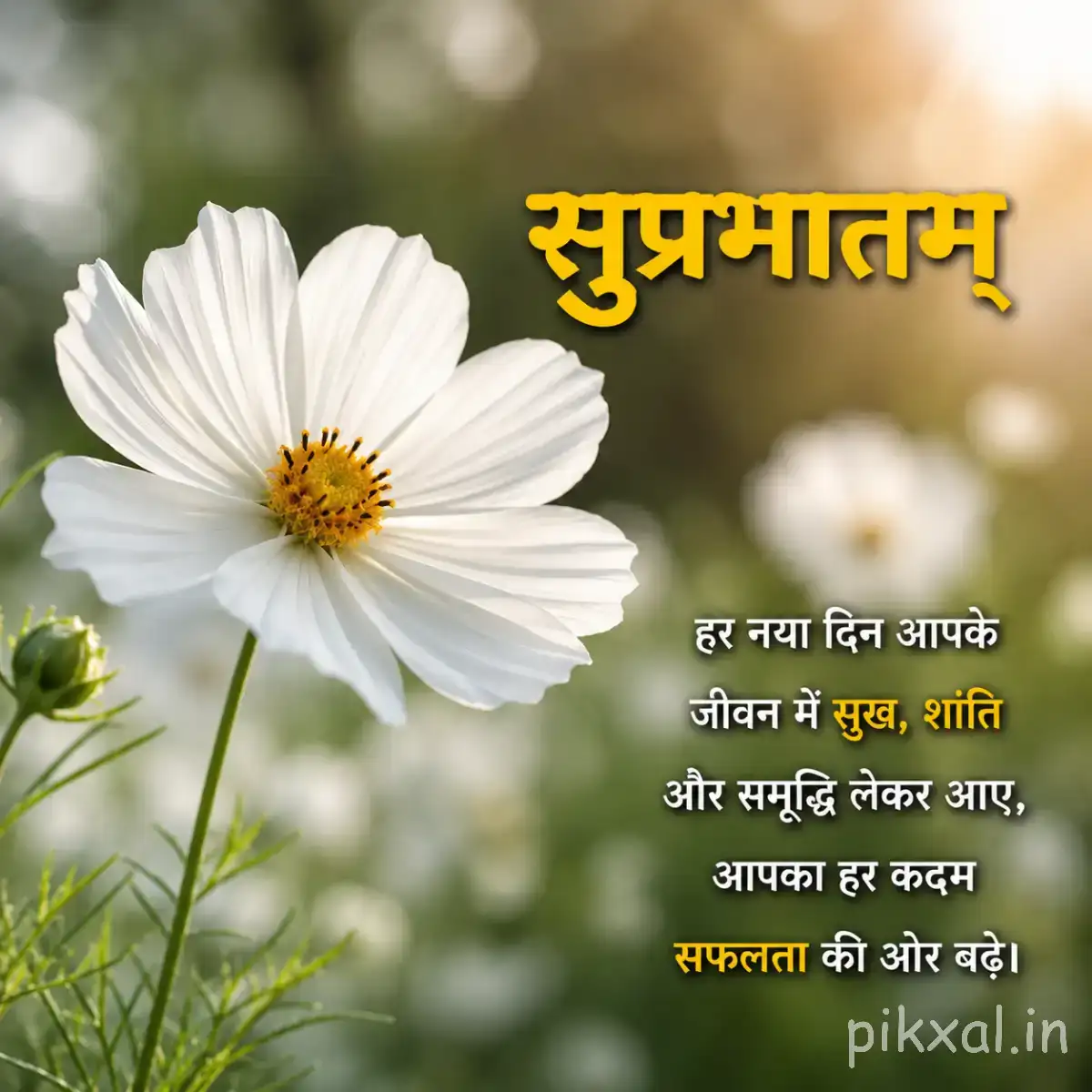 White flower with a yellow center among green stems against a softly blurred background with a Hindi Good Morning wish