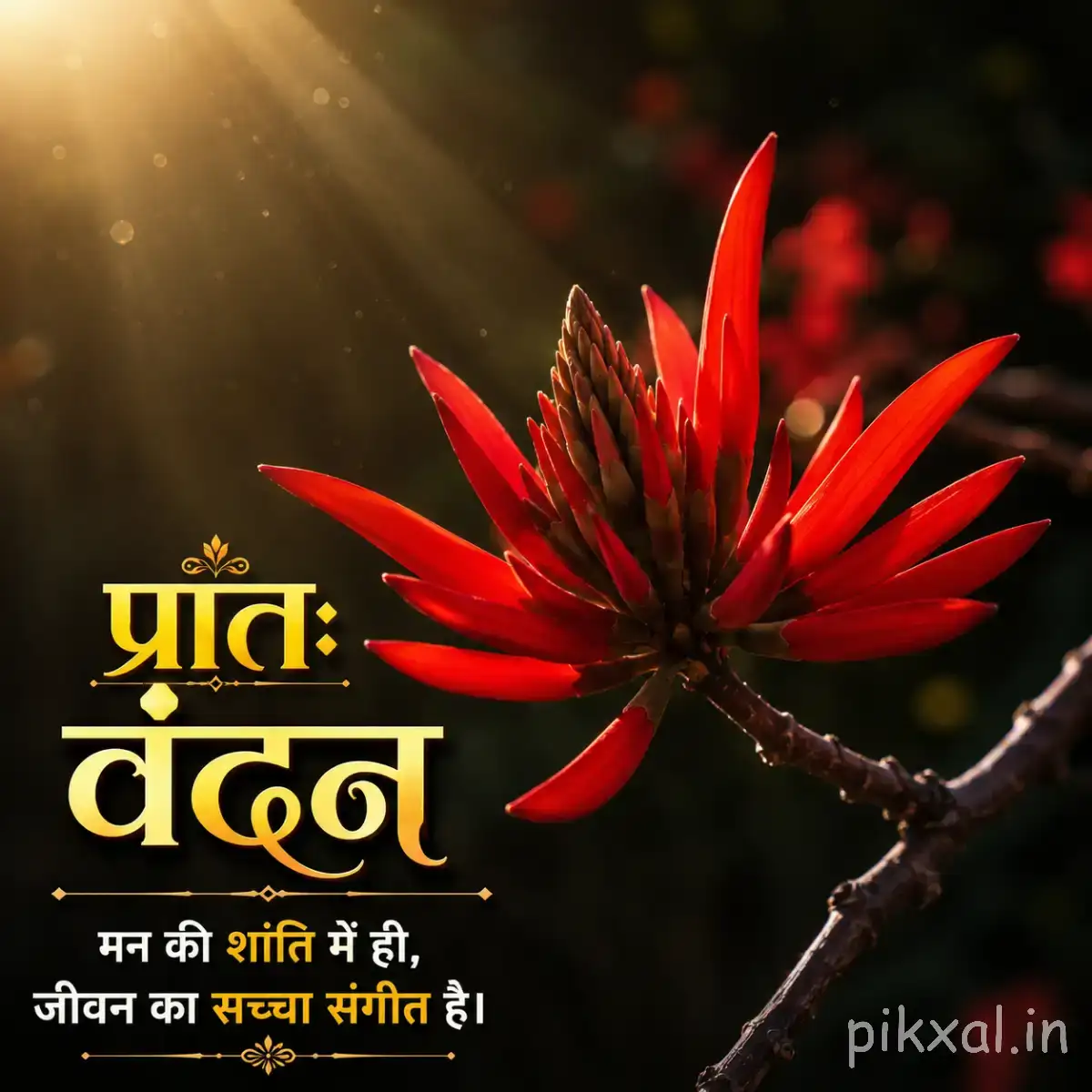 Red flower with narrow pointed petals growing from a woody branch against dark blurred foliage with a Hindi morning wish