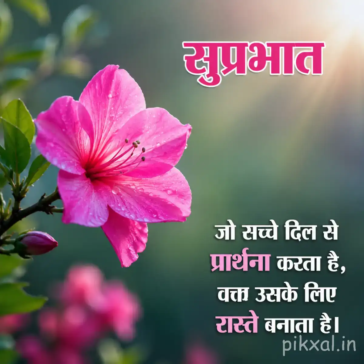 Single pink flower with five broad petals and a dark center against blurred greenery with a Hindi morning message
