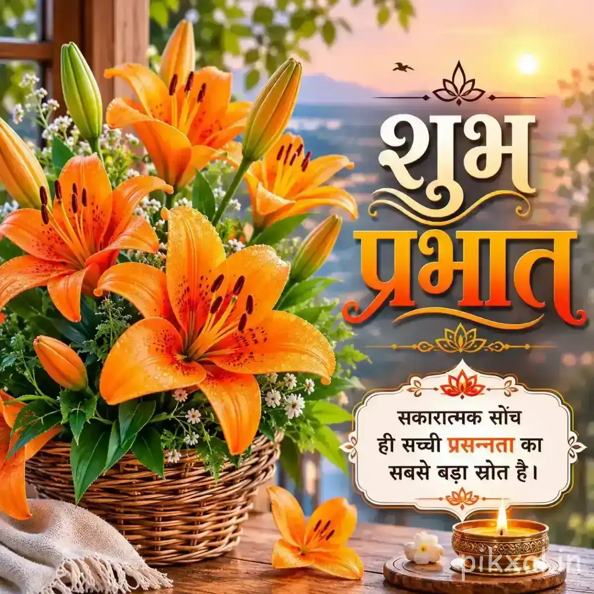 Several orange flowers arranged in a basket with green foliage and a Hindi Good Morning wish