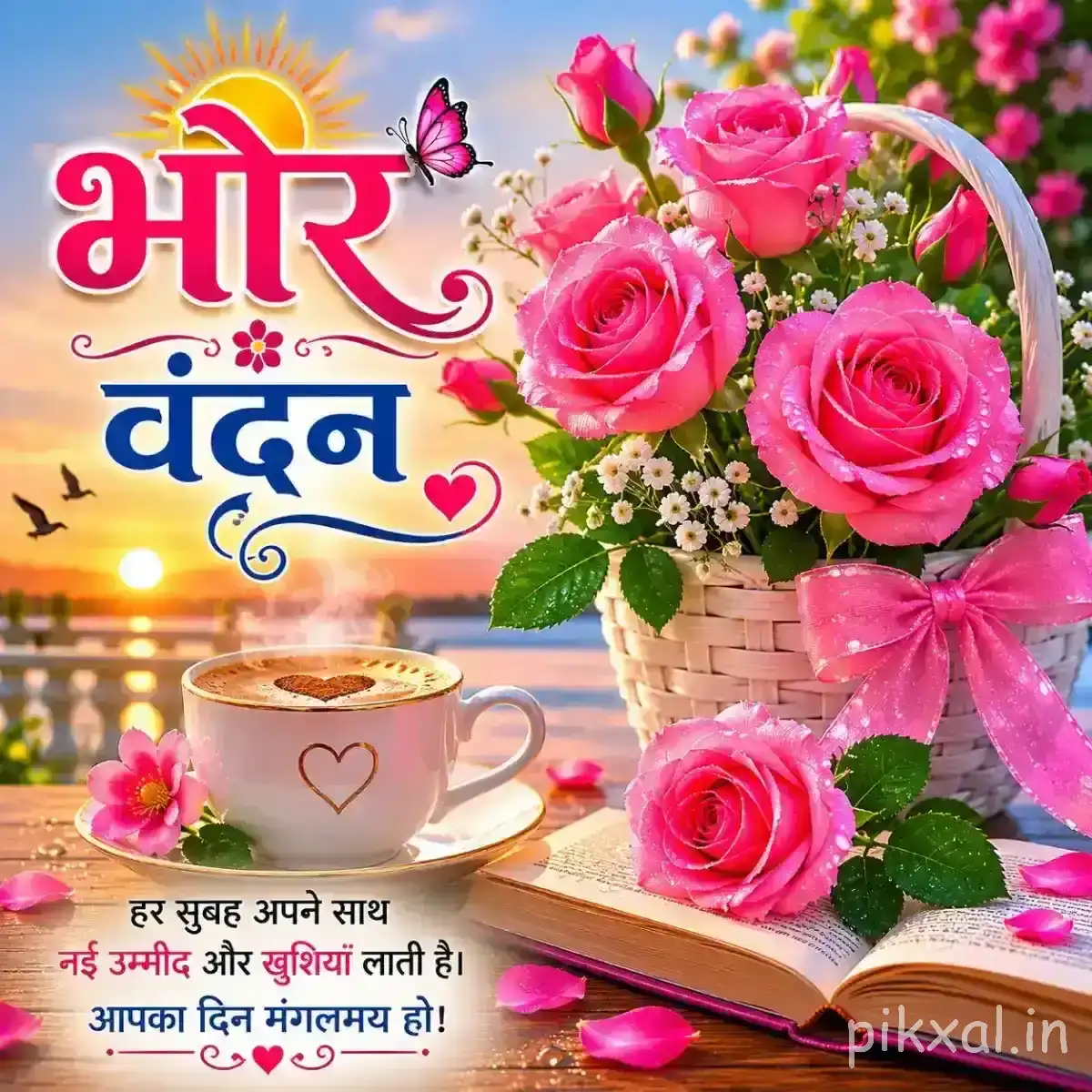 Mixed pink flowers arranged with a cup and greenery against a bright background with a Hindi morning wish