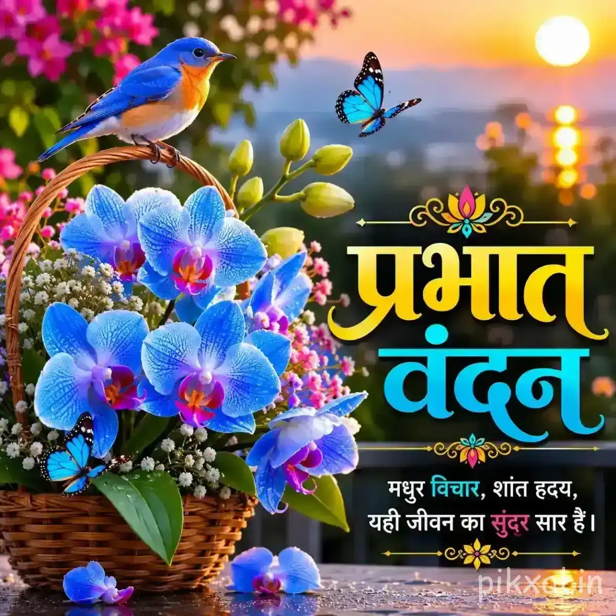 Blue flowers in a basket with a small bird and butterfly against a bright garden background with a Hindi morning wish