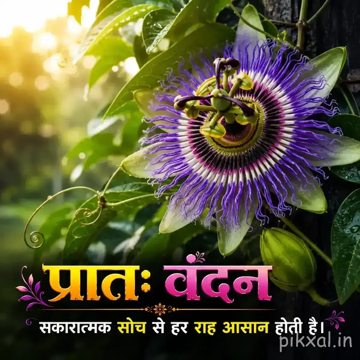 Purple flower with intricate layered filaments and green foliage against a softly lit background with a Hindi morning wish