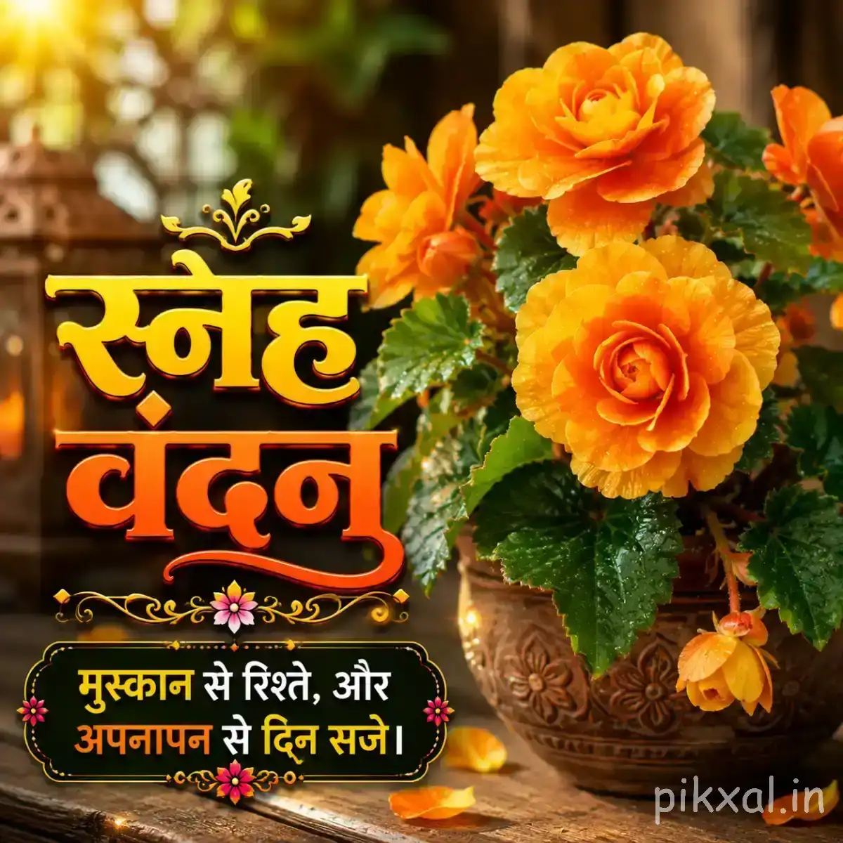 Several orange flowers with layered petals and green foliage against a dark background with a Hindi morning wish