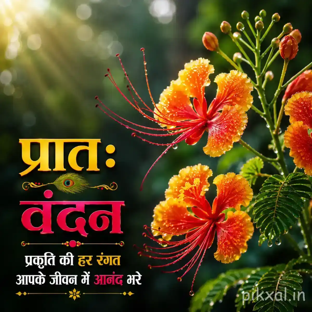 Cluster of orange-red flowers with long stamens and green leaves against a softly blurred background with a Hindi morning wish
