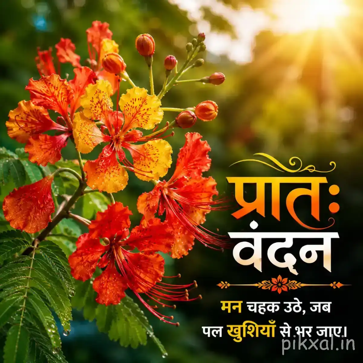 Orange-red flowers with long stamens and green foliage against warm sunlight with a Hindi morning wish