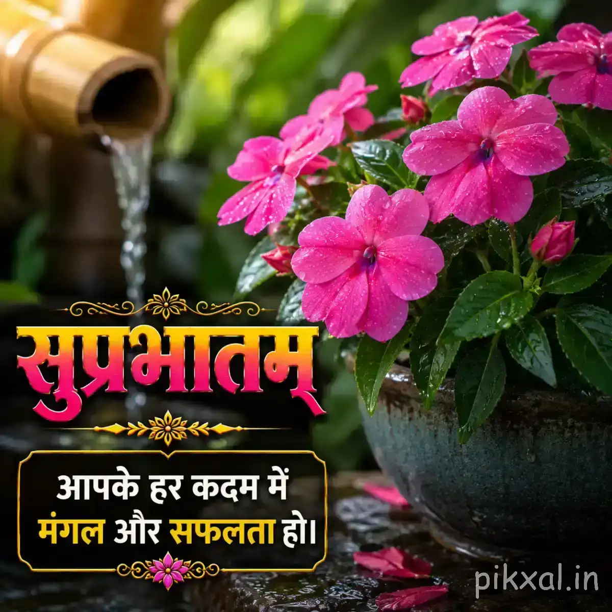 Pink flower with numerous fine radiating filaments and green leaves against a warm blurred background with a Hindi morning wish