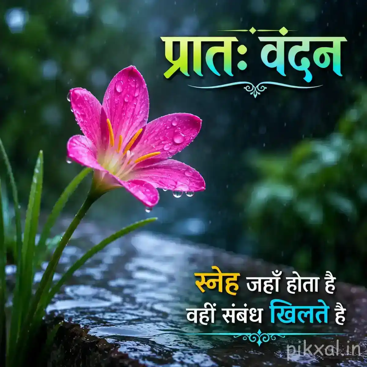 Monsoon Good Morning Images with a pink rain lily covered in raindrops beside a wet garden path