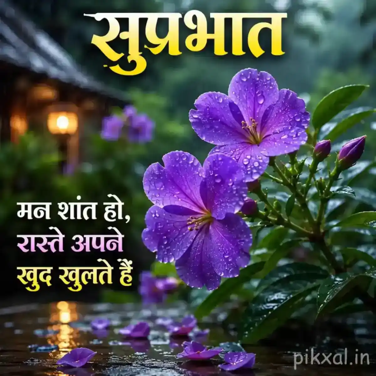 Purple flowers with raindrops in a lush monsoon garden and a peaceful good morning quote