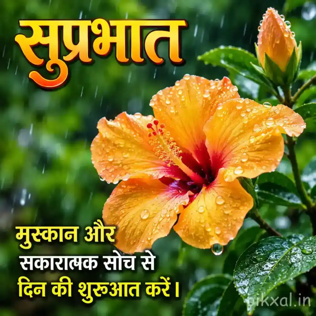 Orange hibiscus flower with raindrops, green leaves and a bright शुभप्रभात morning quote